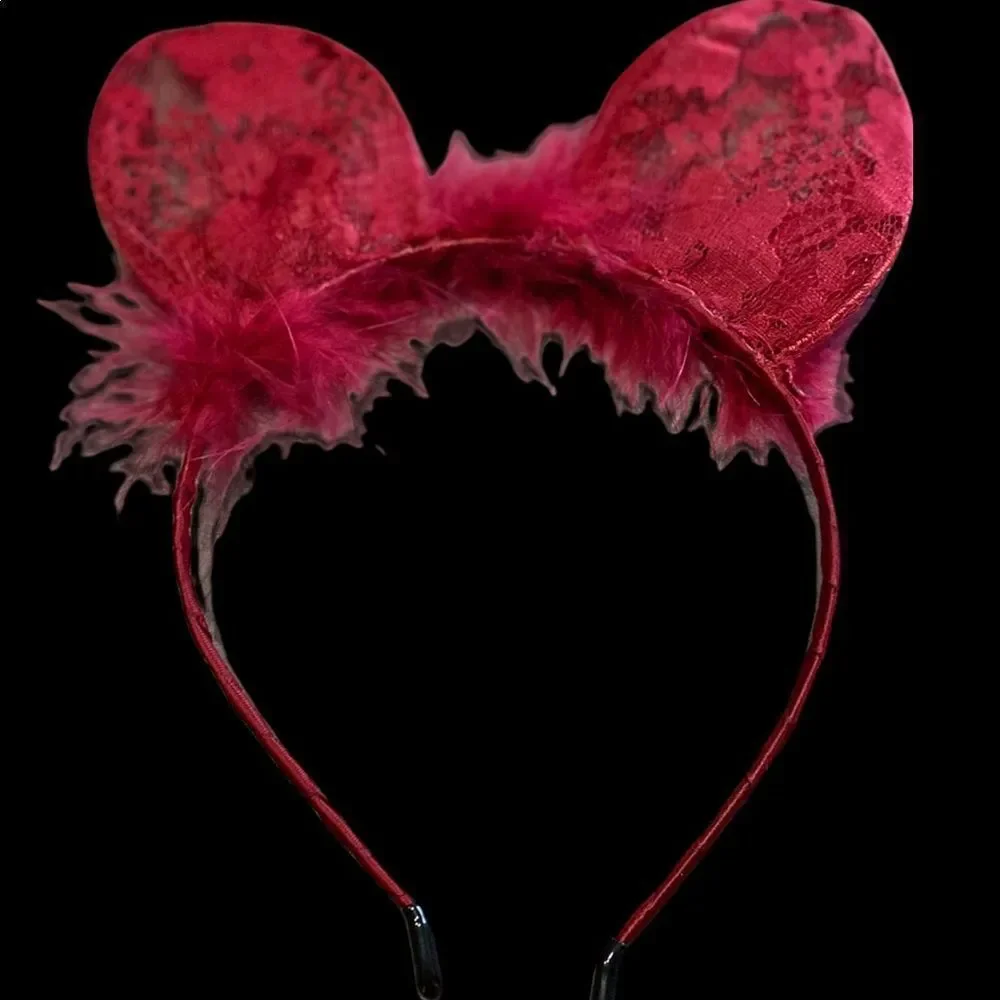 Dark Red Feather Lace Cat Ears Headband Hair Accessories NEW